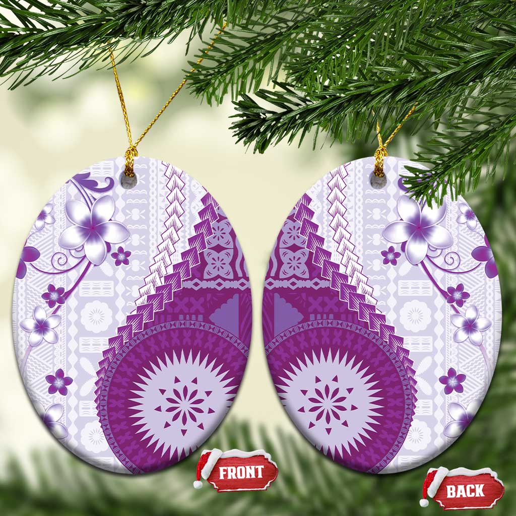 Bula Fiji Ceramic Ornament Violet Plumeria Masi Tapa Pattern - Polynesian Pride