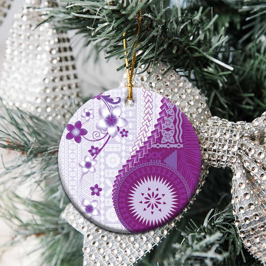 Bula Fiji Ceramic Ornament Violet Plumeria Masi Tapa Pattern - Polynesian Pride