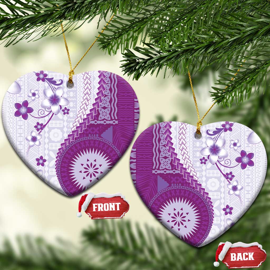 Bula Fiji Ceramic Ornament Violet Plumeria Masi Tapa Pattern - Polynesian Pride