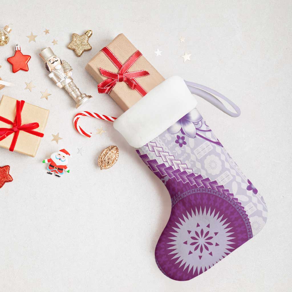 Bula Fiji Christmas Stocking Violet Plumeria Masi Tapa Pattern - Polynesian Pride