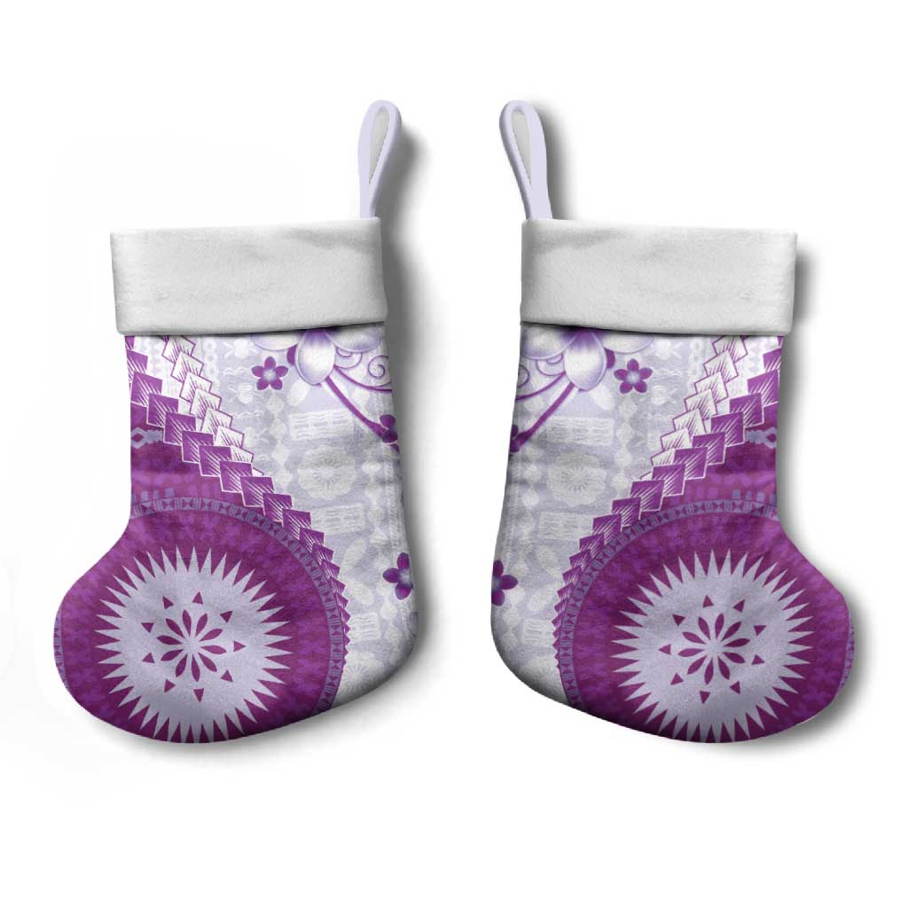Bula Fiji Christmas Stocking Violet Plumeria Masi Tapa Pattern - Polynesian Pride