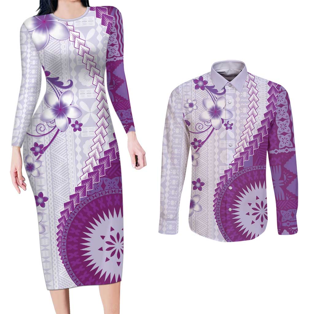 Bula Fiji Couples Matching Long Sleeve Bodycon Dress and Long Sleeve Button Shirt Violet Plumeria Masi Tapa Pattern - Polynesian Pride