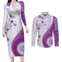Bula Fiji Couples Matching Long Sleeve Bodycon Dress and Long Sleeve Button Shirt Violet Plumeria Masi Tapa Pattern - Polynesian Pride