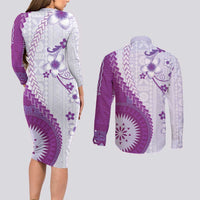 Bula Fiji Couples Matching Long Sleeve Bodycon Dress and Long Sleeve Button Shirt Violet Plumeria Masi Tapa Pattern - Polynesian Pride