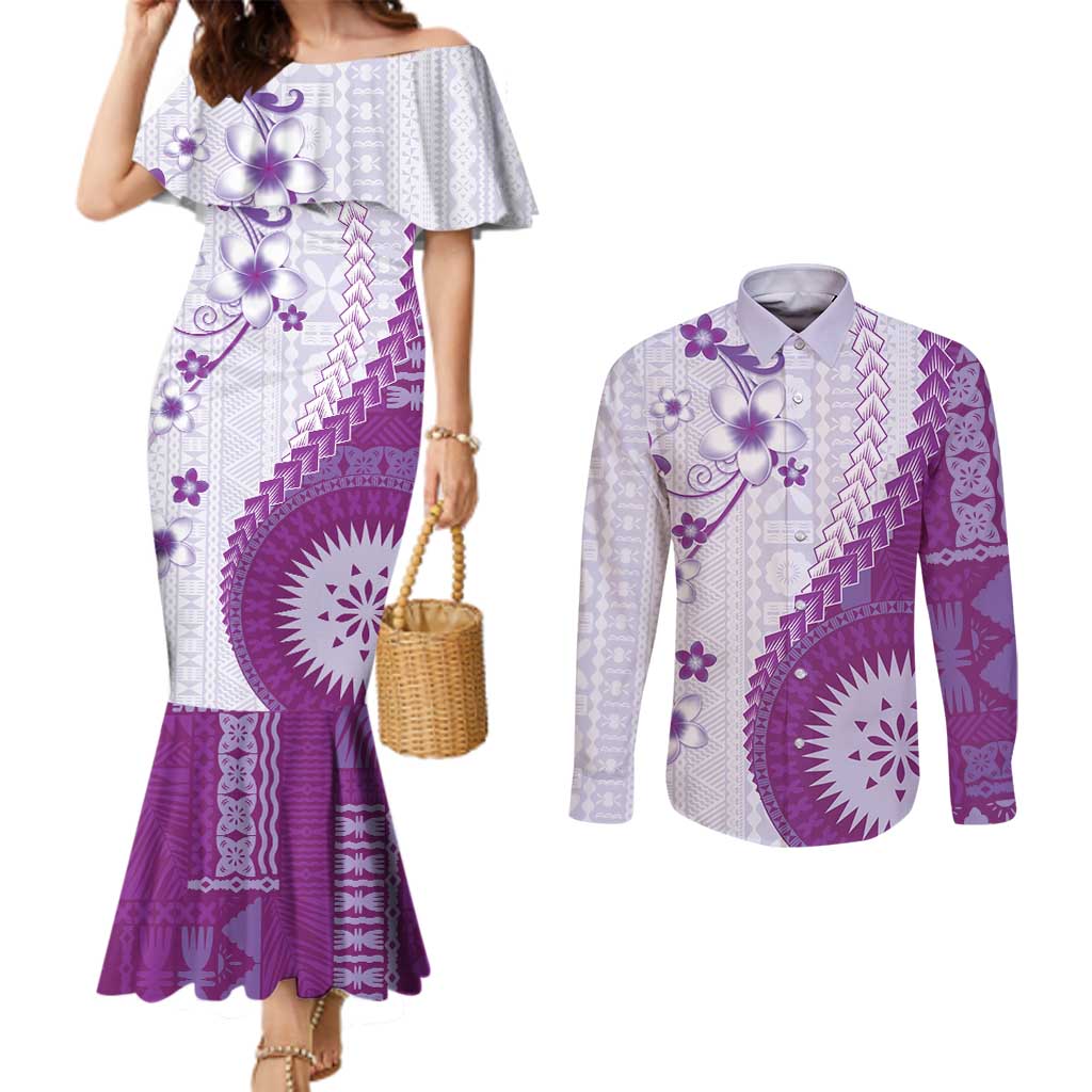 Bula Fiji Couples Matching Mermaid Dress and Long Sleeve Button Shirt Violet Plumeria Masi Tapa Pattern - Polynesian Pride
