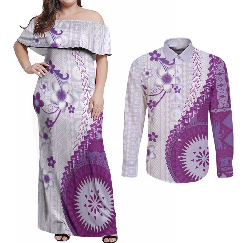 Bula Fiji Couples Matching Off Shoulder Maxi Dress and Long Sleeve Button Shirt Violet Plumeria Masi Tapa Pattern - Polynesian Pride