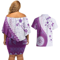 Bula Fiji Couples Matching Off Shoulder Short Dress and Hawaiian Shirt Violet Plumeria Masi Tapa Pattern - Polynesian Pride