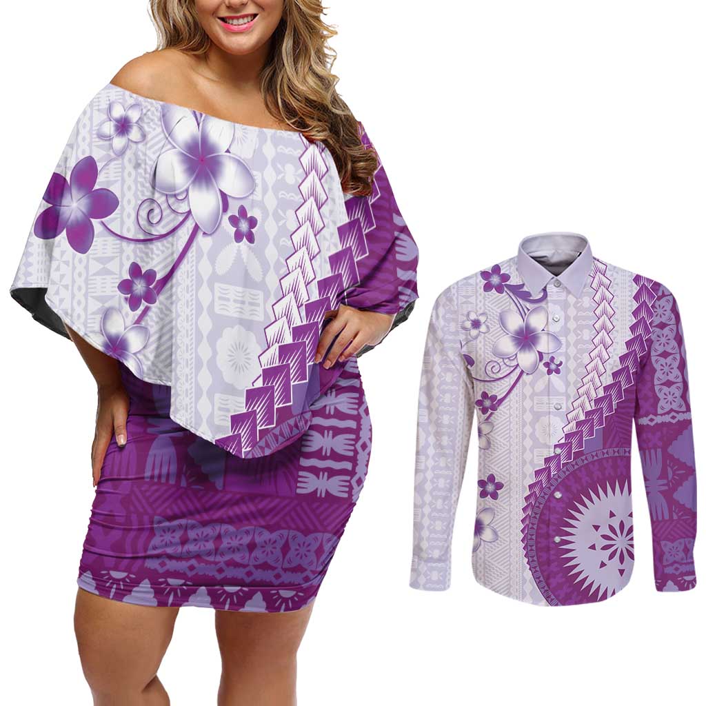 Bula Fiji Couples Matching Off Shoulder Short Dress and Long Sleeve Button Shirt Violet Plumeria Masi Tapa Pattern - Polynesian Pride