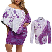 Bula Fiji Couples Matching Off Shoulder Short Dress and Long Sleeve Button Shirt Violet Plumeria Masi Tapa Pattern - Polynesian Pride