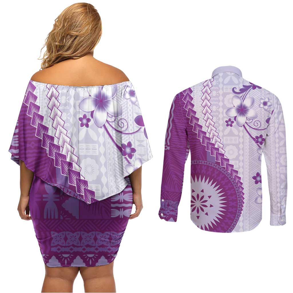 Bula Fiji Couples Matching Off Shoulder Short Dress and Long Sleeve Button Shirt Violet Plumeria Masi Tapa Pattern - Polynesian Pride
