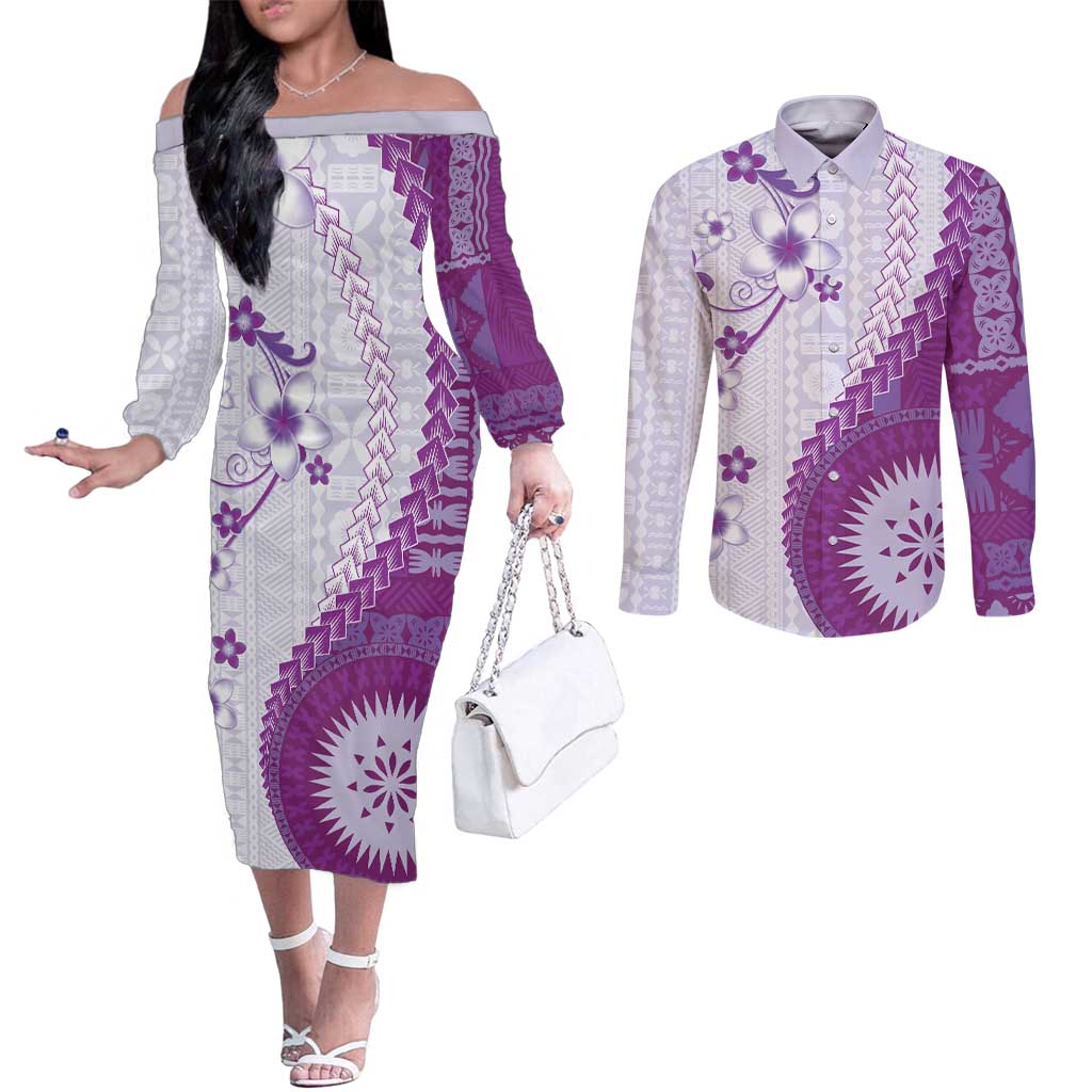 Bula Fiji Couples Matching Off The Shoulder Long Sleeve Dress and Long Sleeve Button Shirt Violet Plumeria Masi Tapa Pattern - Polynesian Pride