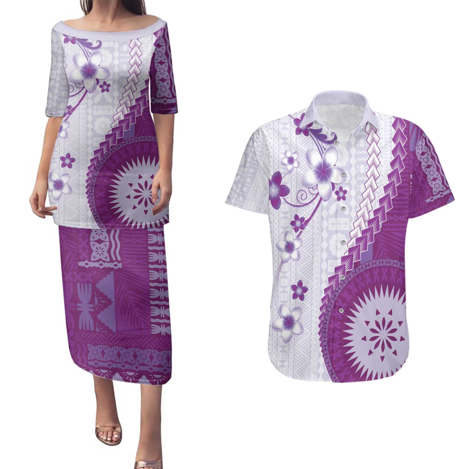 Bula Fiji Couples Matching Puletasi and Hawaiian Shirt Violet Plumeria Masi Tapa Pattern - Polynesian Pride