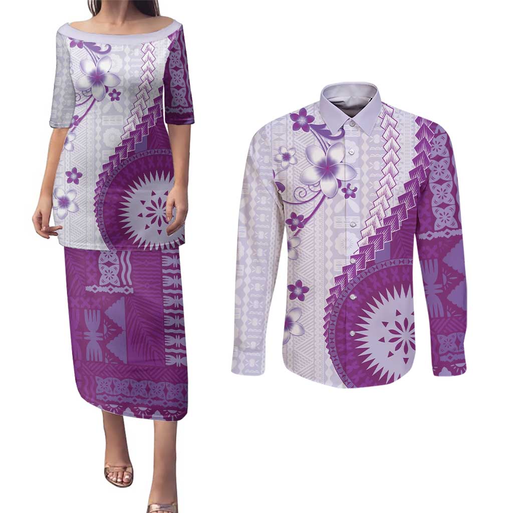 Bula Fiji Couples Matching Puletasi and Long Sleeve Button Shirt Violet Plumeria Masi Tapa Pattern - Polynesian Pride