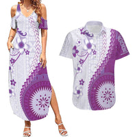 Bula Fiji Couples Matching Summer Maxi Dress and Hawaiian Shirt Violet Plumeria Masi Tapa Pattern - Polynesian Pride