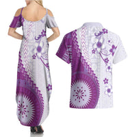 Bula Fiji Couples Matching Summer Maxi Dress and Hawaiian Shirt Violet Plumeria Masi Tapa Pattern - Polynesian Pride