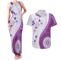 Bula Fiji Couples Matching Tank Maxi Dress and Hawaiian Shirt Violet Plumeria Masi Tapa Pattern - Polynesian Pride