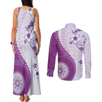 Bula Fiji Couples Matching Tank Maxi Dress and Long Sleeve Button Shirt Violet Plumeria Masi Tapa Pattern - Polynesian Pride