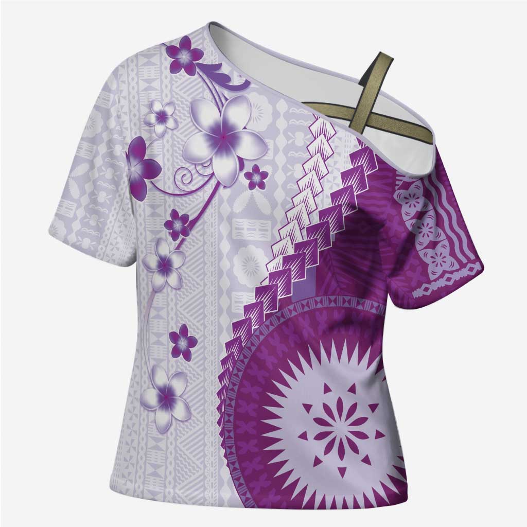 Bula Fiji Cross Shoulder Shirt Violet Plumeria Masi Tapa Pattern - Polynesian Pride