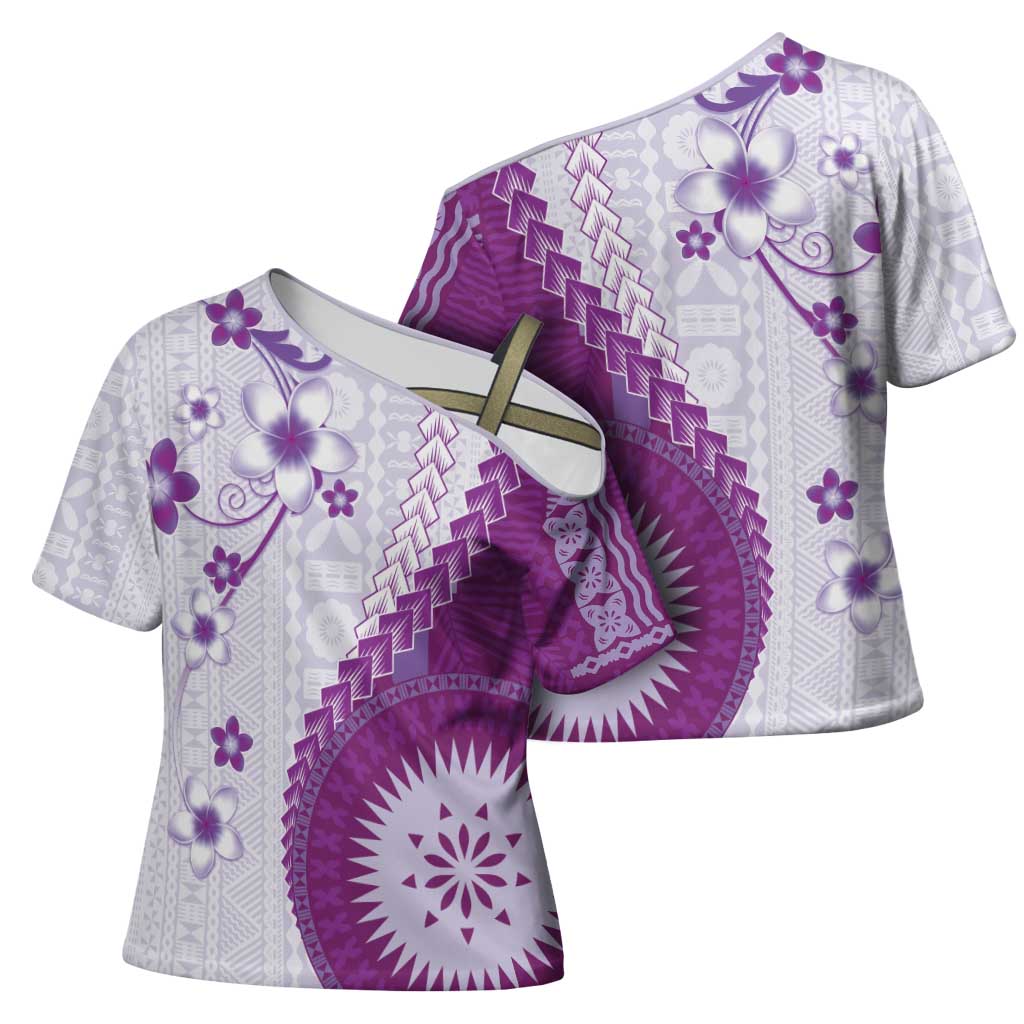 Bula Fiji Cross Shoulder Shirt Violet Plumeria Masi Tapa Pattern - Polynesian Pride