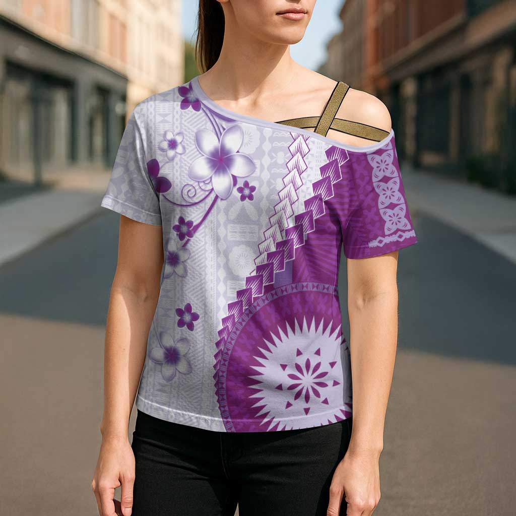 Bula Fiji Cross Shoulder Shirt Violet Plumeria Masi Tapa Pattern - Polynesian Pride