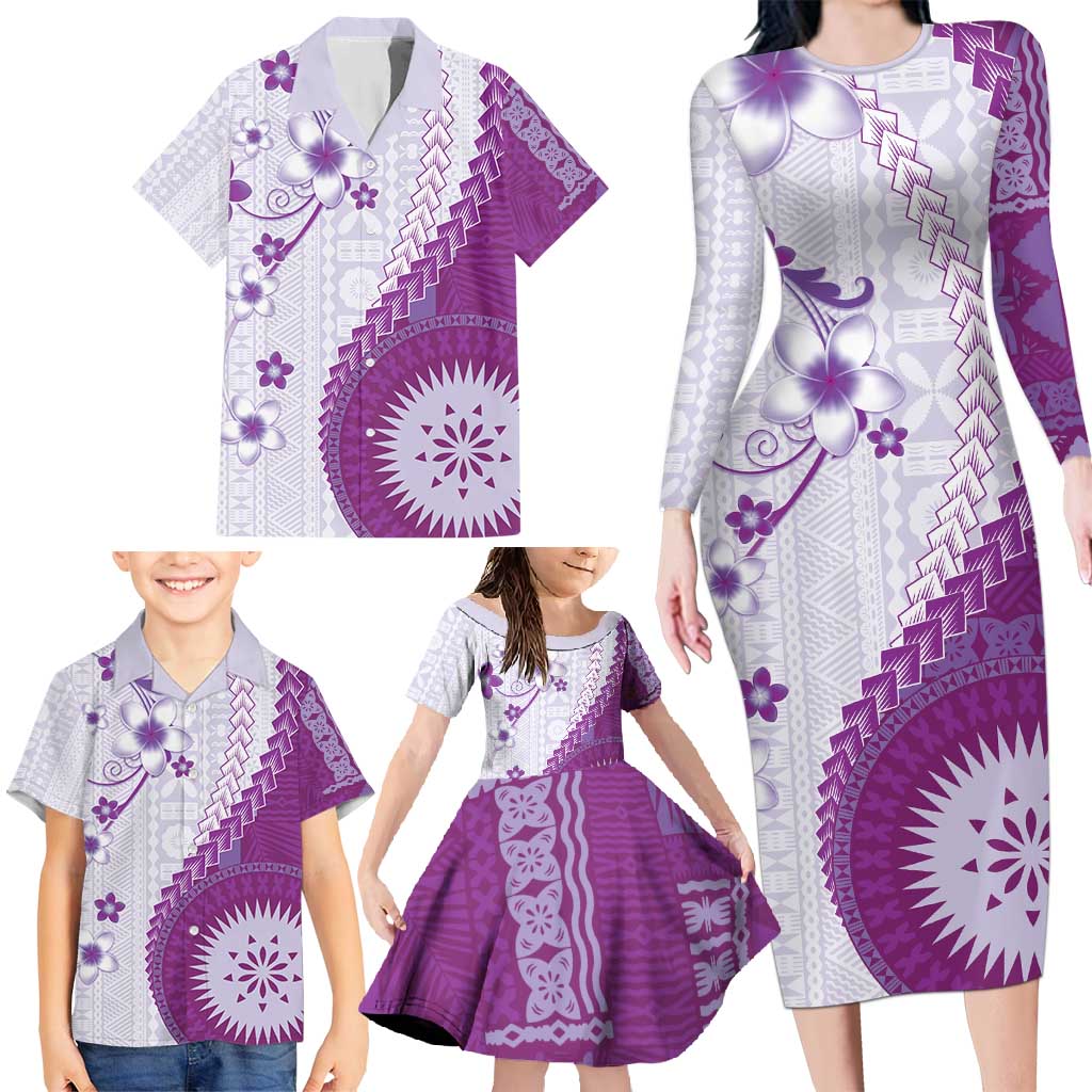 Bula Fiji Family Matching Long Sleeve Bodycon Dress and Hawaiian Shirt Violet Plumeria Masi Tapa Pattern - Polynesian Pride
