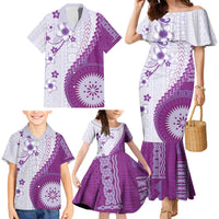 Bula Fiji Family Matching Mermaid Dress and Hawaiian Shirt Violet Plumeria Masi Tapa Pattern - Polynesian Pride