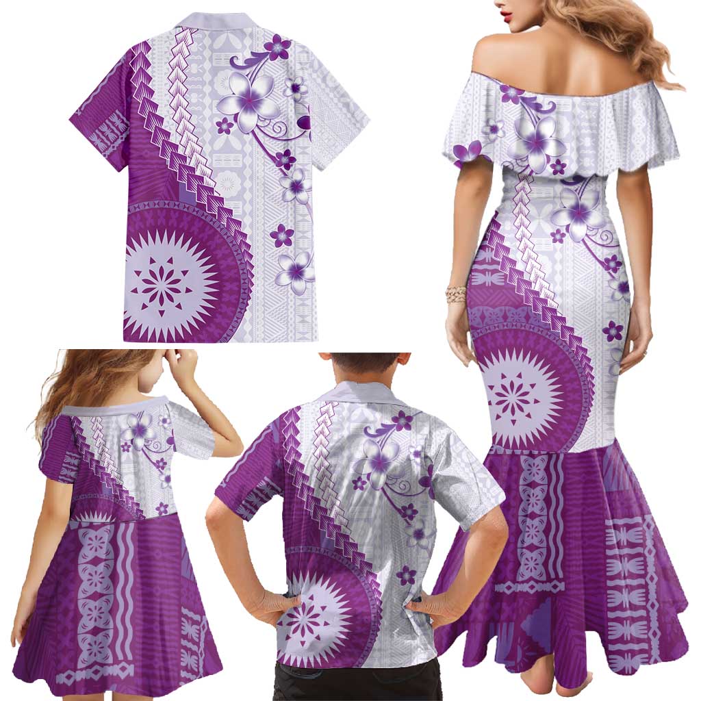 Bula Fiji Family Matching Mermaid Dress and Hawaiian Shirt Violet Plumeria Masi Tapa Pattern - Polynesian Pride