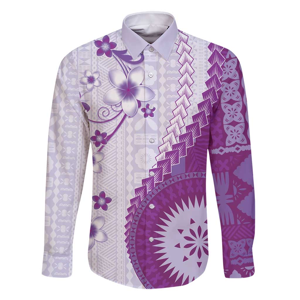 Bula Fiji Family Matching Off Shoulder Maxi Dress and Hawaiian Shirt Violet Plumeria Masi Tapa Pattern - Polynesian Pride