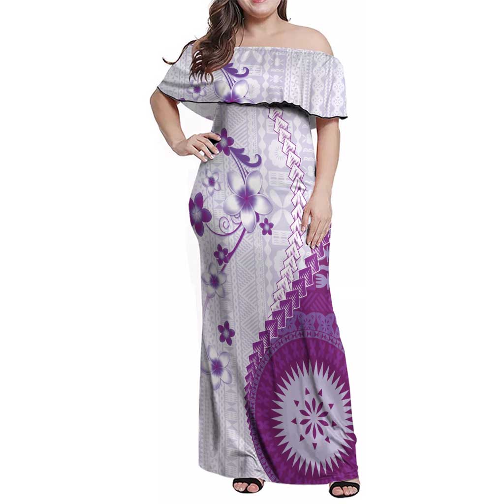 Bula Fiji Family Matching Off Shoulder Maxi Dress and Hawaiian Shirt Violet Plumeria Masi Tapa Pattern - Polynesian Pride
