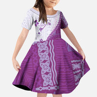Bula Fiji Family Matching Puletasi and Hawaiian Shirt Violet Plumeria Masi Tapa Pattern - Polynesian Pride