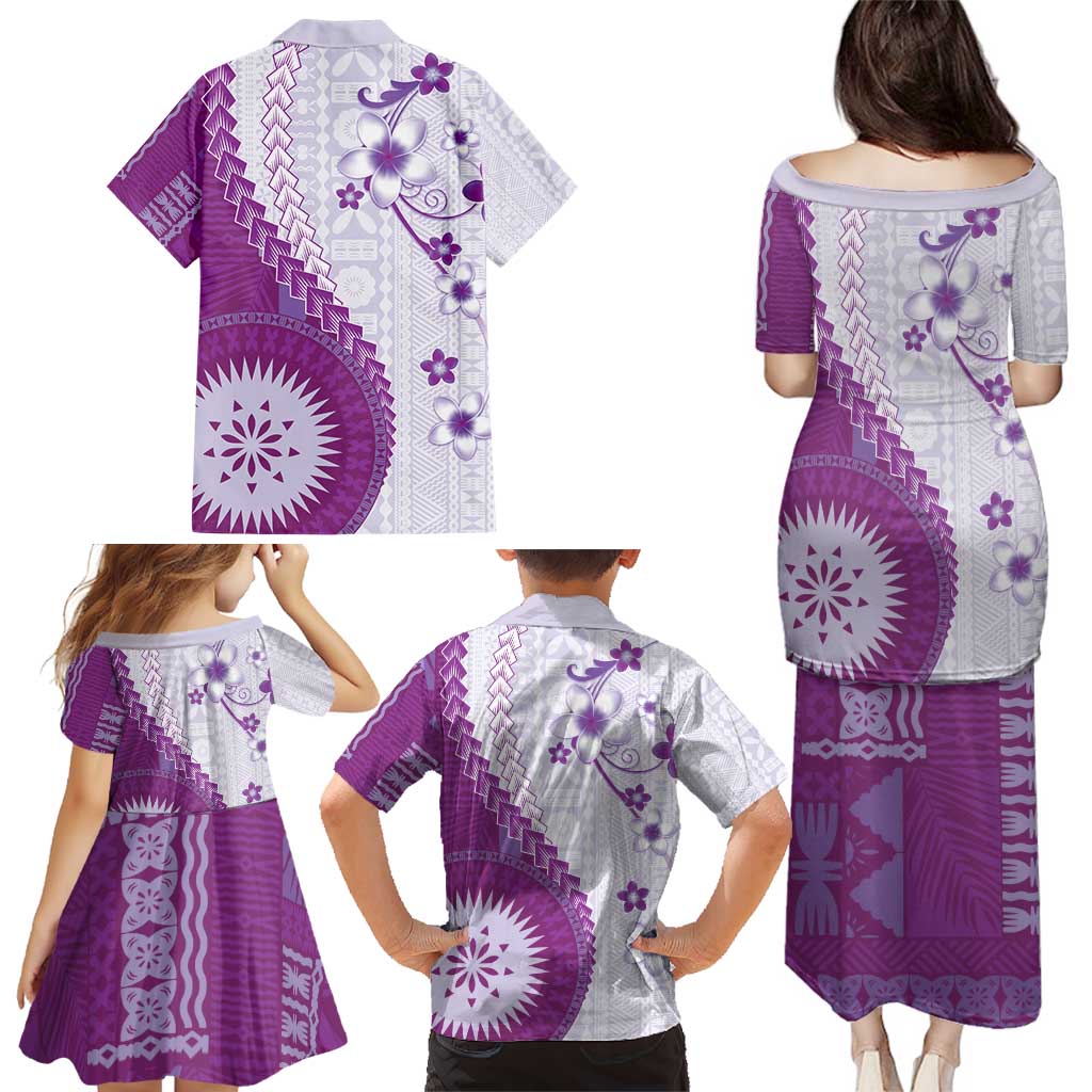 Bula Fiji Family Matching Puletasi and Hawaiian Shirt Violet Plumeria Masi Tapa Pattern - Polynesian Pride