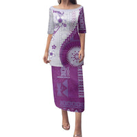 Bula Fiji Family Matching Puletasi and Hawaiian Shirt Violet Plumeria Masi Tapa Pattern - Polynesian Pride