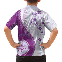 Bula Fiji Family Matching Short Sleeve Bodycon Dress and Hawaiian Shirt Violet Plumeria Masi Tapa Pattern - Polynesian Pride