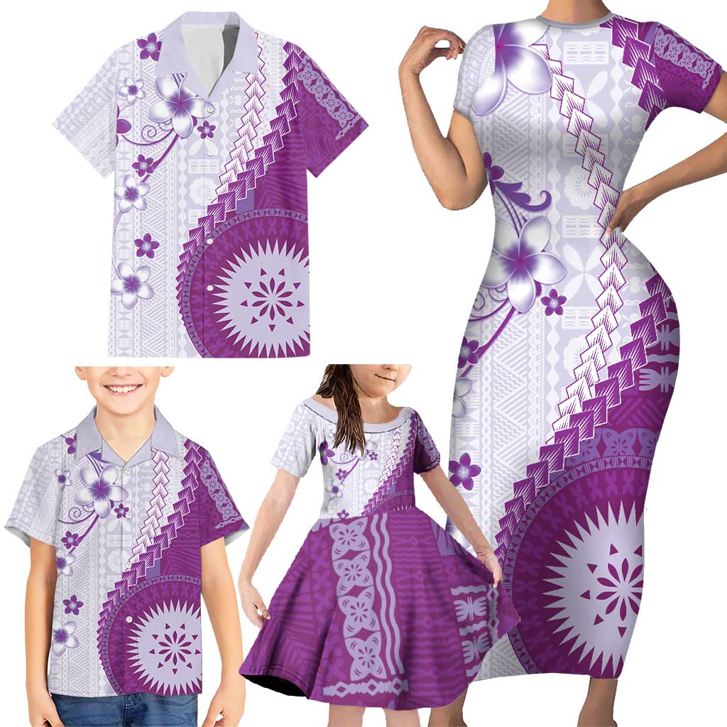 Bula Fiji Family Matching Short Sleeve Bodycon Dress and Hawaiian Shirt Violet Plumeria Masi Tapa Pattern - Polynesian Pride