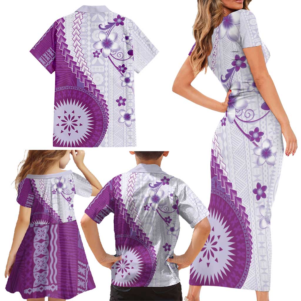 Bula Fiji Family Matching Short Sleeve Bodycon Dress and Hawaiian Shirt Violet Plumeria Masi Tapa Pattern - Polynesian Pride