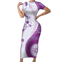 Bula Fiji Family Matching Short Sleeve Bodycon Dress and Hawaiian Shirt Violet Plumeria Masi Tapa Pattern - Polynesian Pride