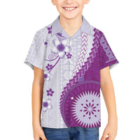 Bula Fiji Kid Hawaiian Shirt Violet Plumeria Masi Tapa Pattern - Polynesian Pride
