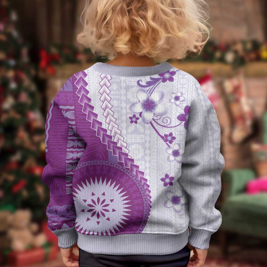 Bula Fiji Kid Ugly Christmas Sweater Violet Plumeria Masi Tapa Pattern - Polynesian Pride