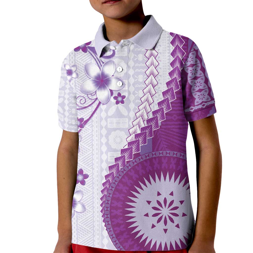 Bula Fiji Kid Polo Shirt Violet Plumeria Masi Tapa Pattern - Polynesian Pride