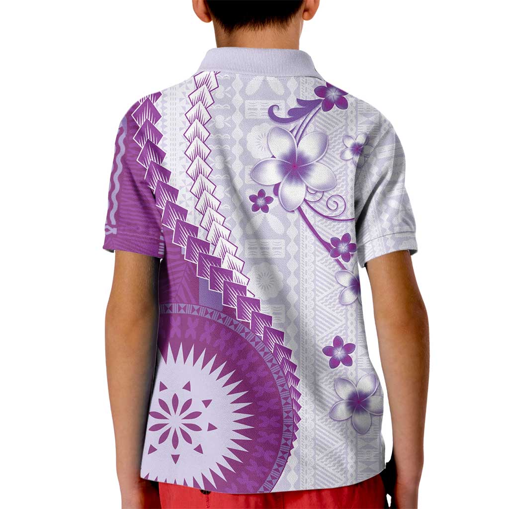 Bula Fiji Kid Polo Shirt Violet Plumeria Masi Tapa Pattern - Polynesian Pride