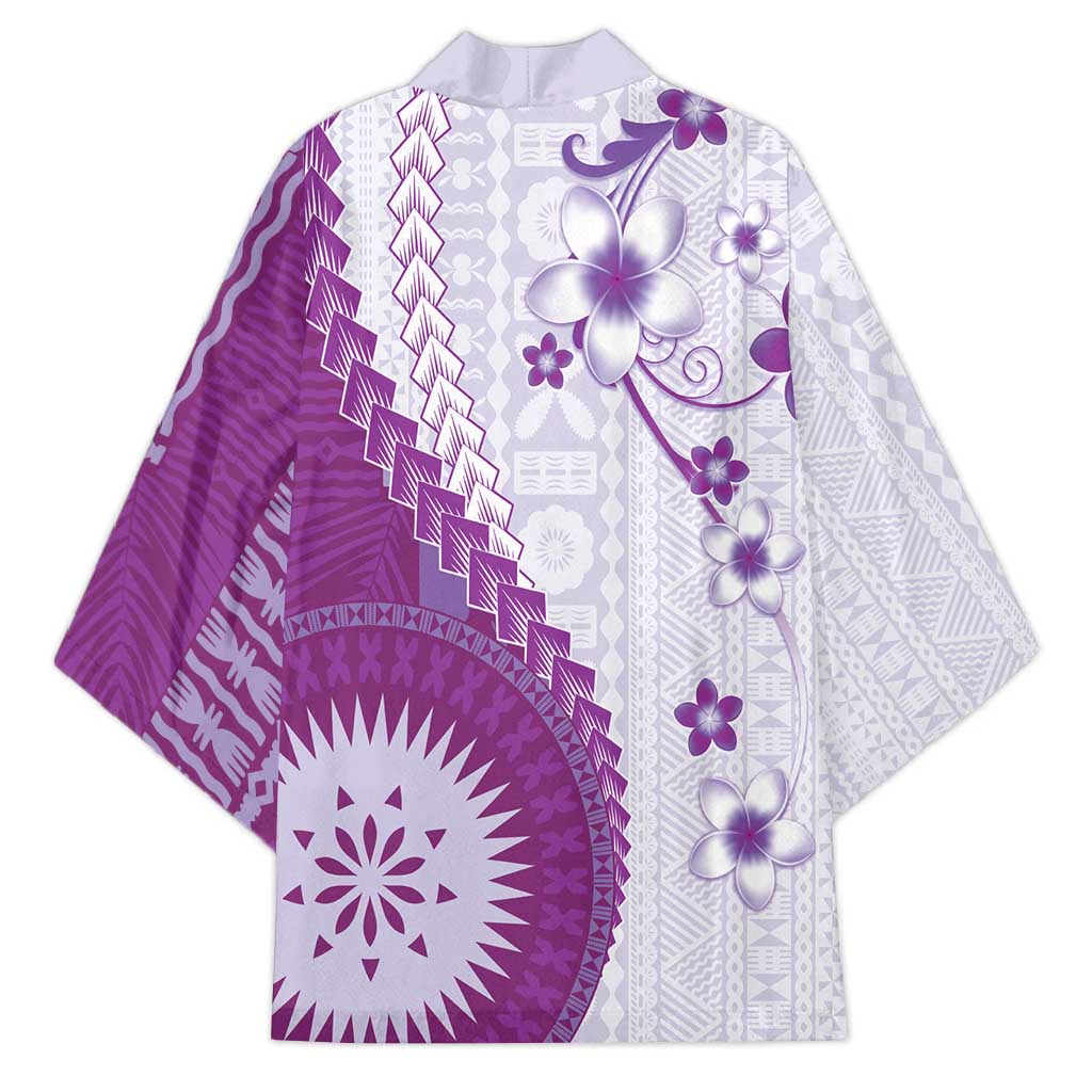 Bula Fiji Kimono Violet Plumeria Masi Tapa Pattern - Polynesian Pride