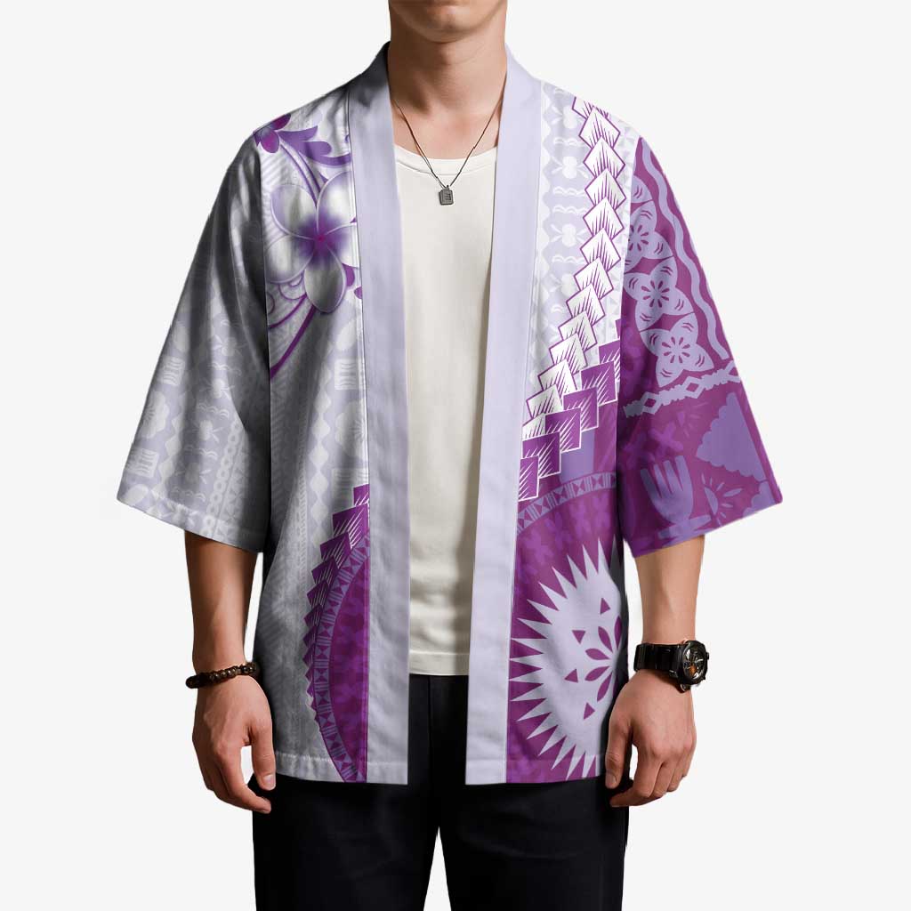 Bula Fiji Kimono Violet Plumeria Masi Tapa Pattern - Polynesian Pride