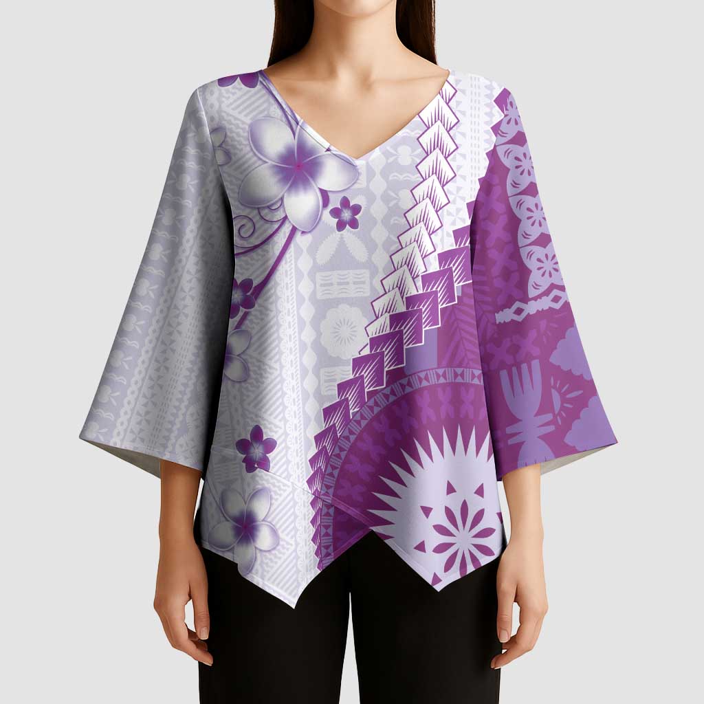 Bula Fiji Kimono Sleeve Blouse Violet Plumeria Masi Tapa Pattern - Polynesian Pride