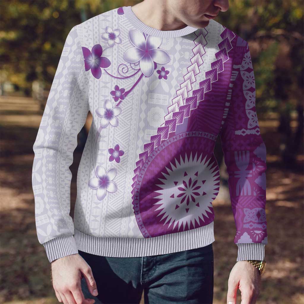 Bula Fiji Ugly Christmas Sweater Violet Plumeria Masi Tapa Pattern - Polynesian Pride