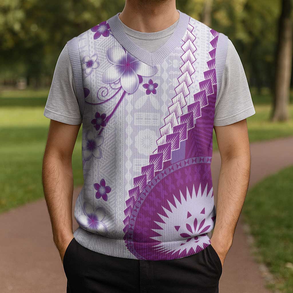 Bula Fiji Christmas Knitted V-Neck Vest Violet Plumeria Masi Tapa Pattern - Polynesian Pride