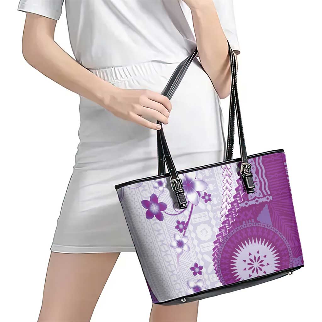 Bula Fiji Leather Tote Bag Violet Plumeria Masi Tapa Pattern - Polynesian Pride