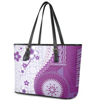 Bula Fiji Leather Tote Bag Violet Plumeria Masi Tapa Pattern - Polynesian Pride