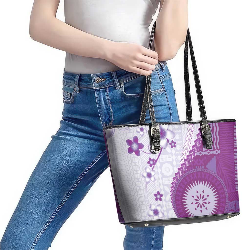 Bula Fiji Leather Tote Bag Violet Plumeria Masi Tapa Pattern - Polynesian Pride