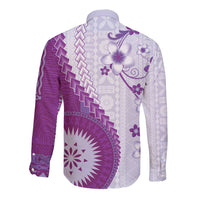 Bula Fiji Long Sleeve Button Shirt Violet Plumeria Masi Tapa Pattern - Polynesian Pride