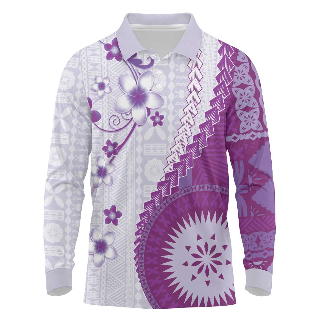 Bula Fiji Long Sleeve Polo Shirt Violet Plumeria Masi Tapa Pattern - Polynesian Pride